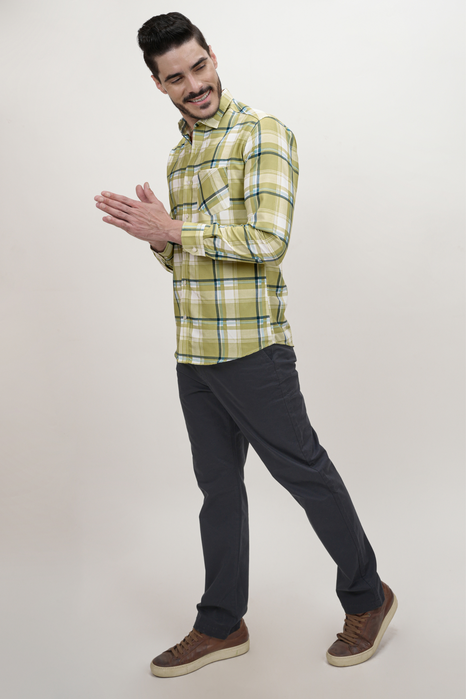 White Strip Checked Cotton Blend Formal Shirt for Men Olive Green