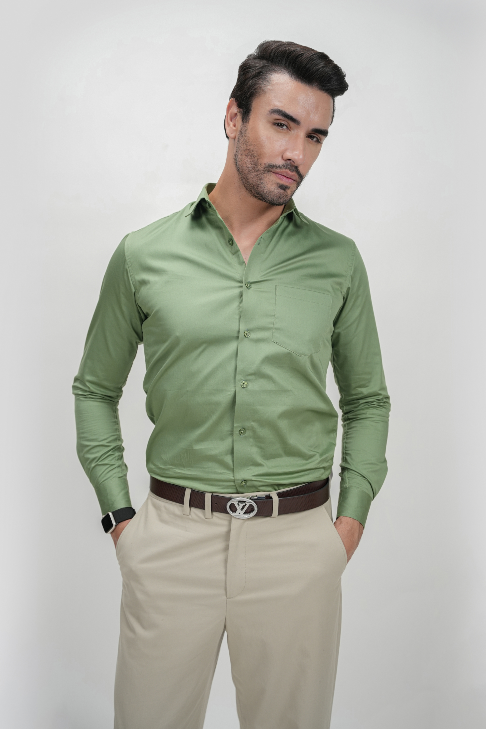 Olive Green Solid Plain Formal Shirts for Men - 100% Cotton