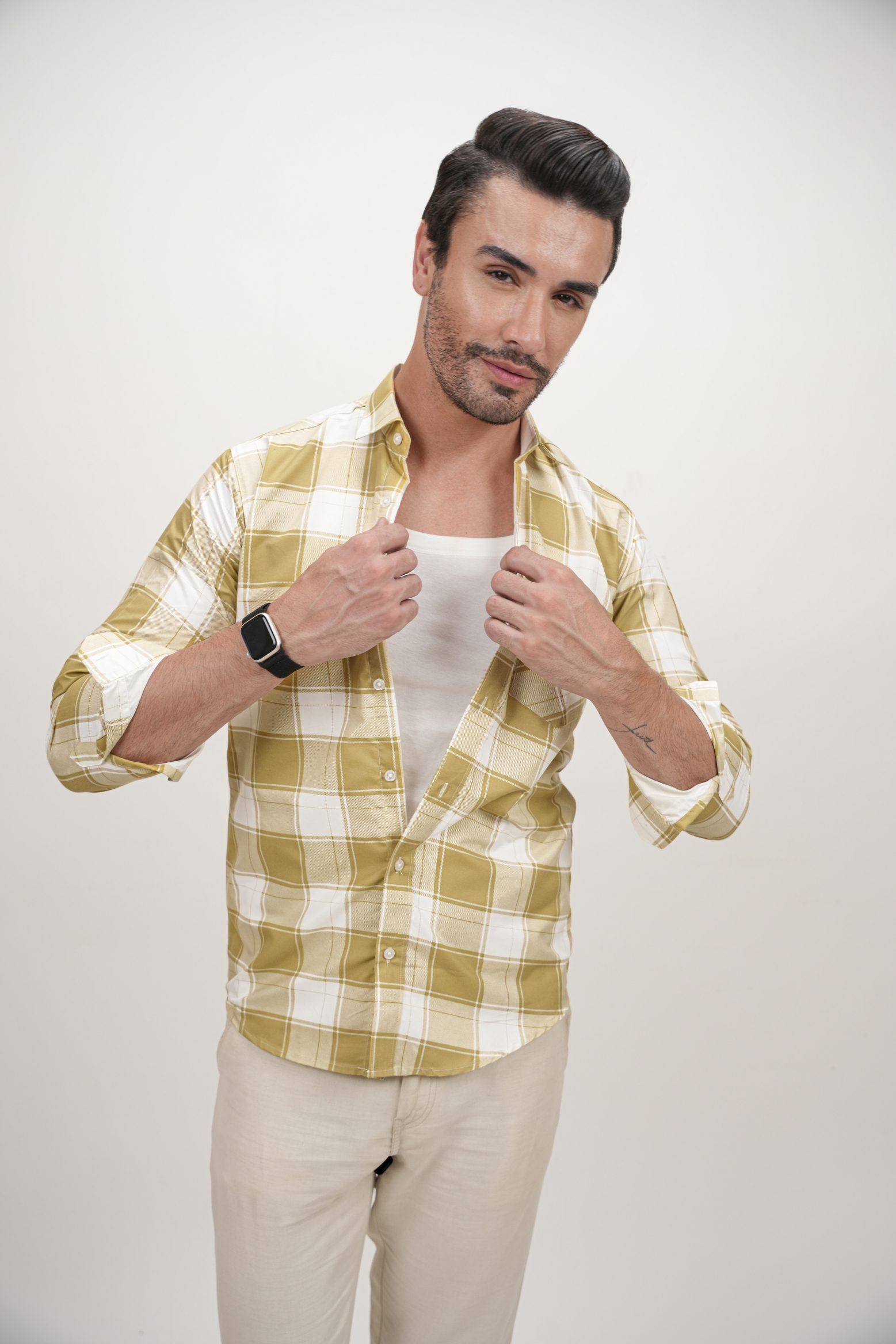 Square Pattern Cotton Blend Formal Shirt for Men Mustard