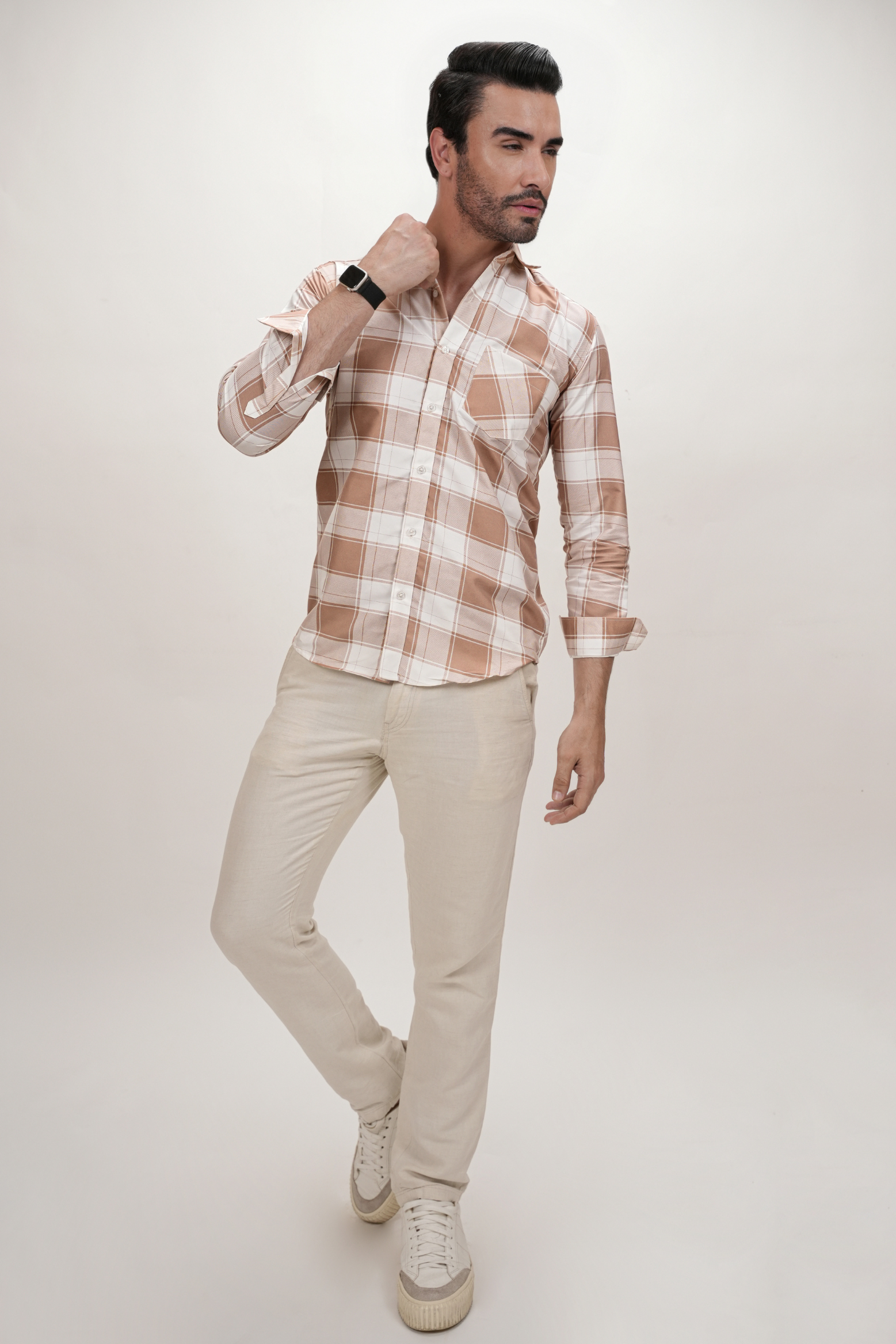 Square Pattern Cotton Blend Formal Shirt for Men Beige