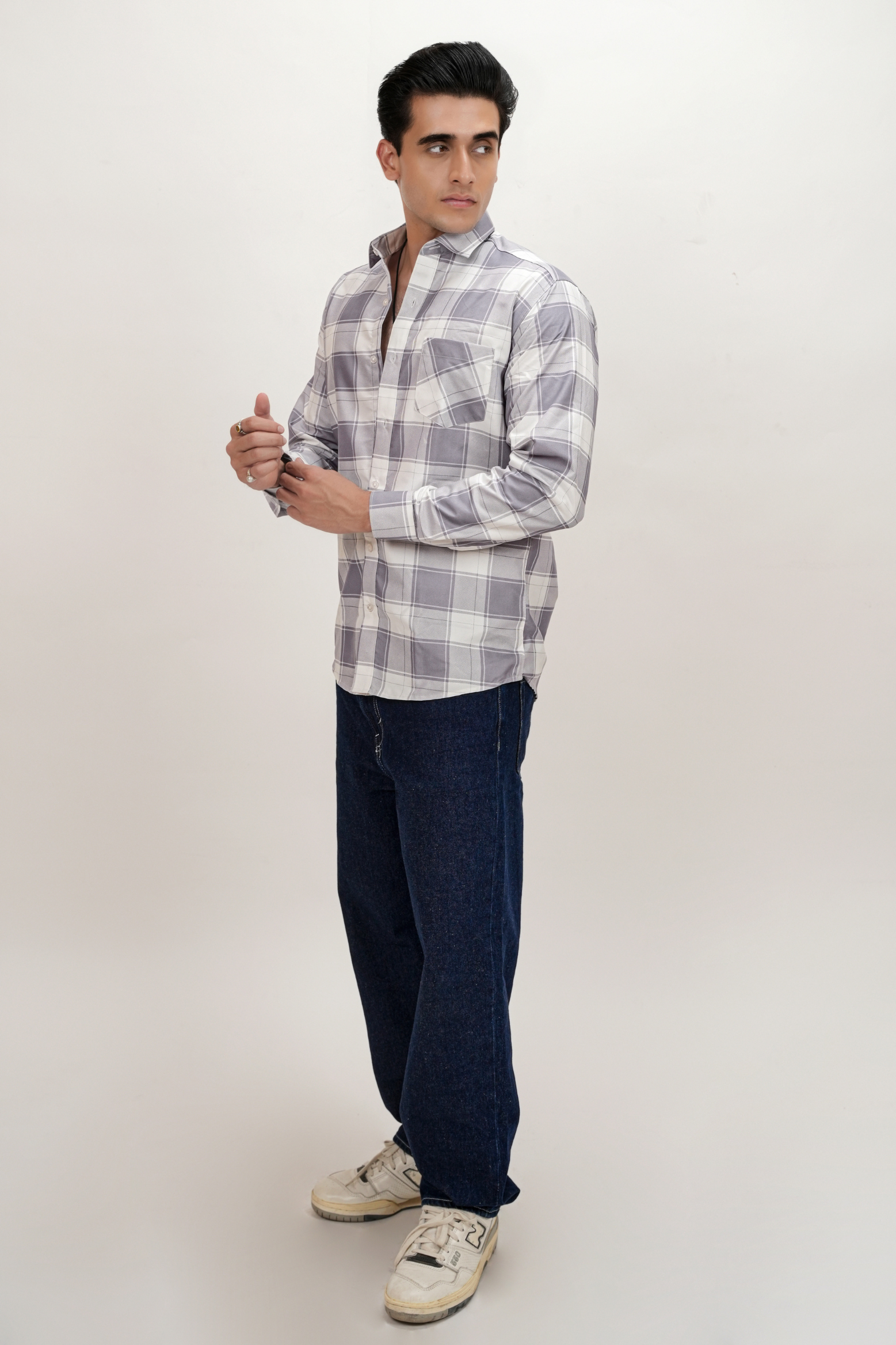 Square Check Cotton Blend Formal Shirt for Men Grey
