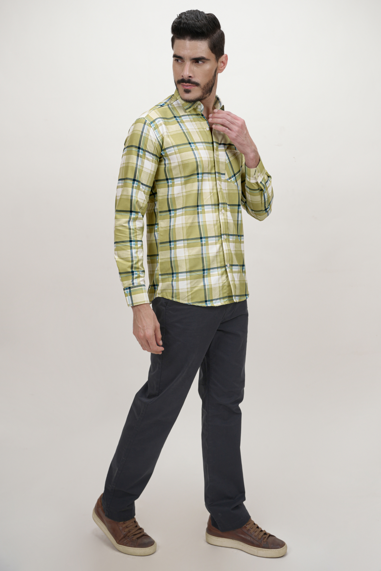 White Strip Checked Cotton Blend Formal Shirt for Men Olive Green