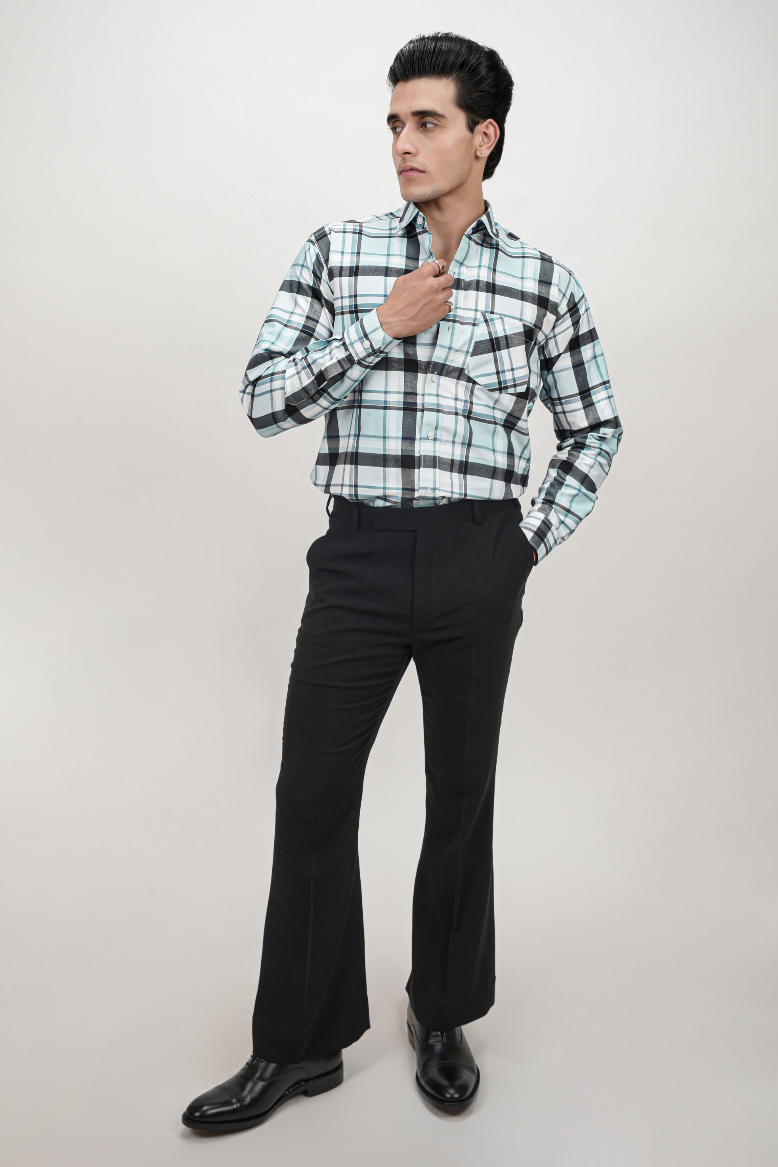 Black Strip Checked Cotton Blend Formal Shirt for Men Blue