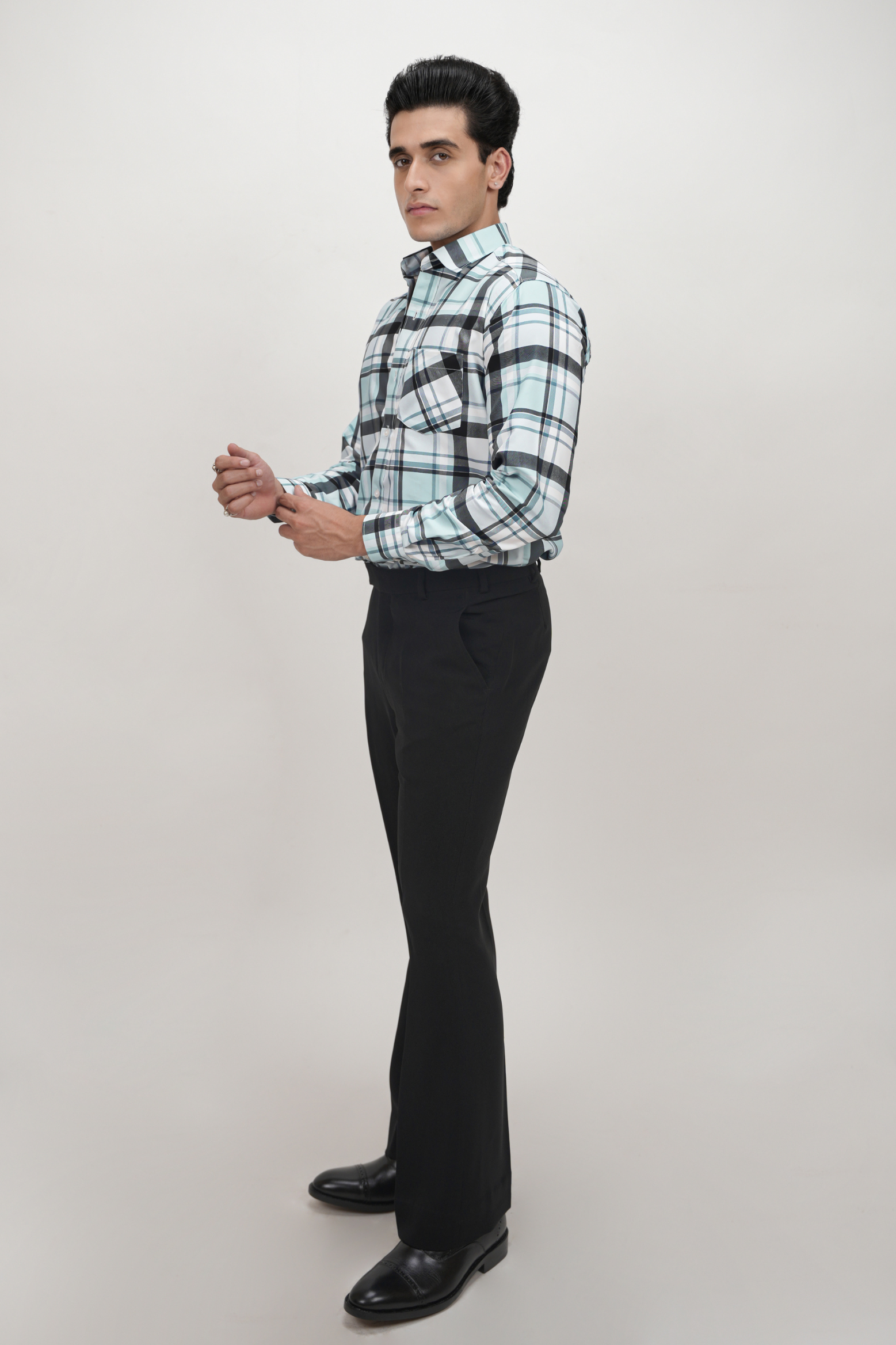 Black Strip Checked Cotton Blend Formal Shirt for Men Blue