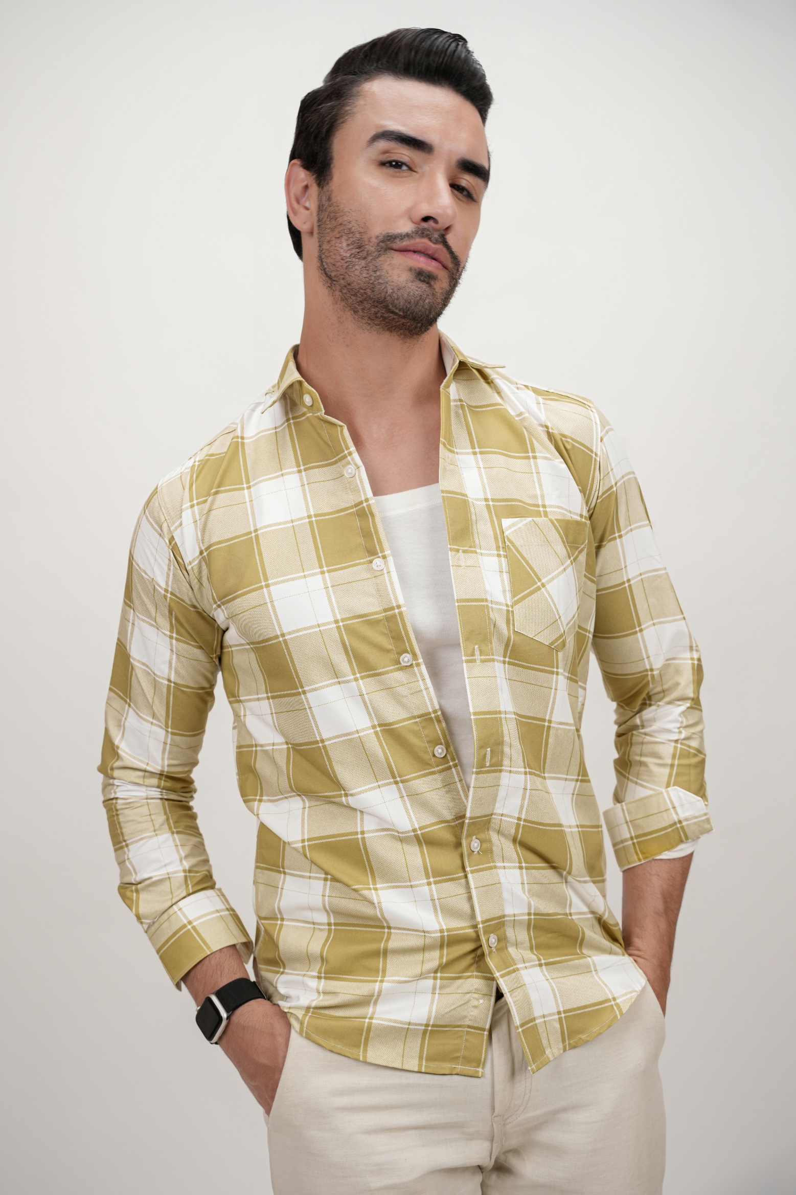 Square Pattern Cotton Blend Formal Shirt for Men Mustard
