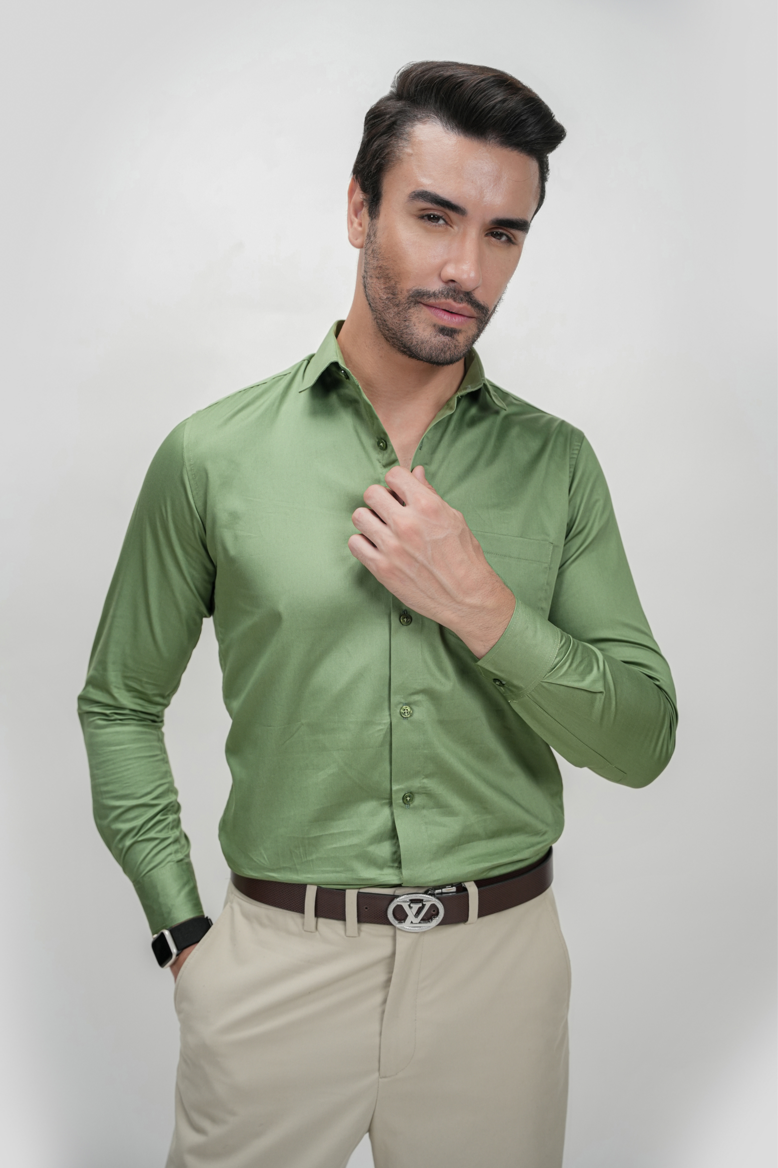 Olive Green Solid Plain Formal Shirts for Men - 100% Cotton