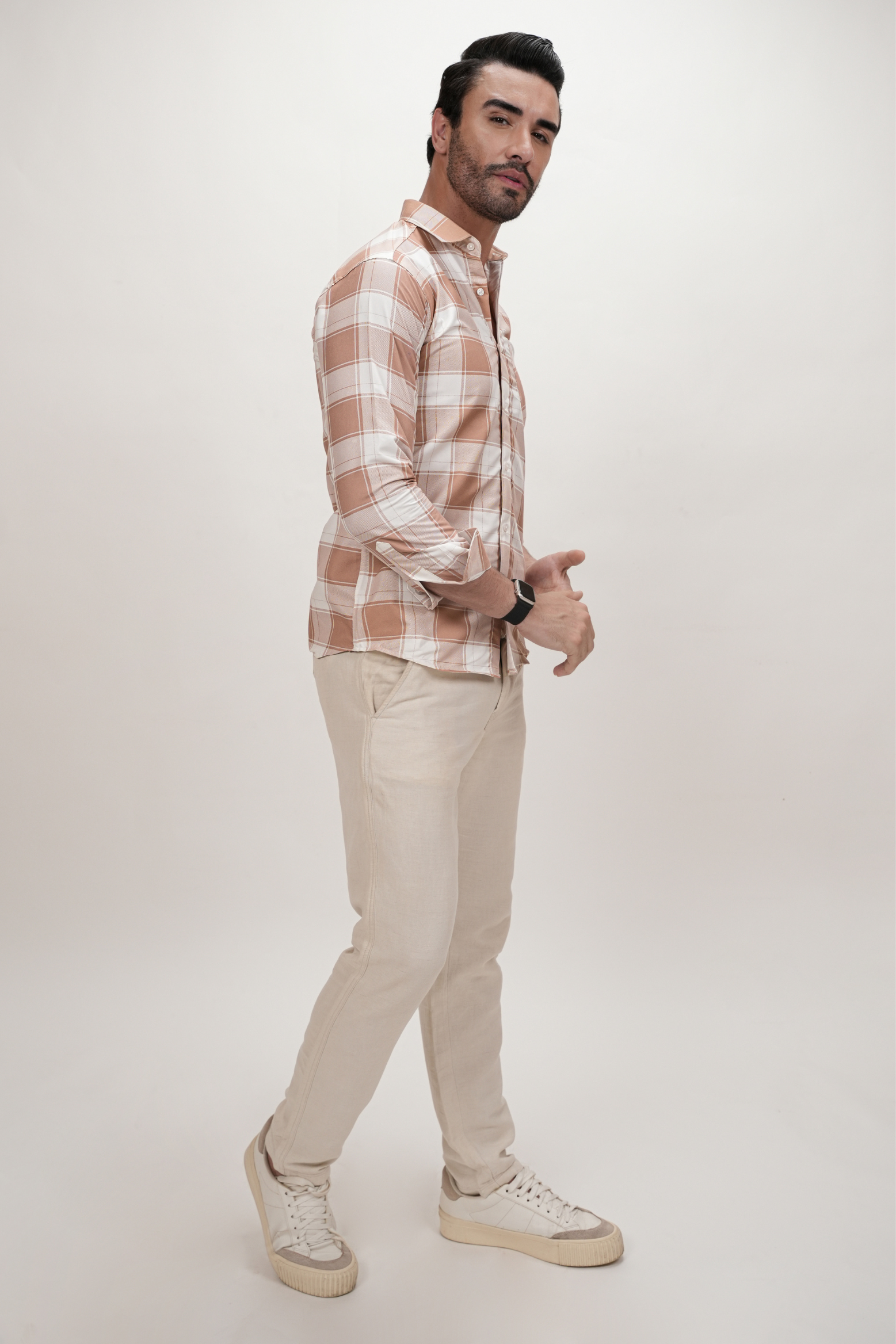 Square Pattern Cotton Blend Formal Shirt for Men Beige