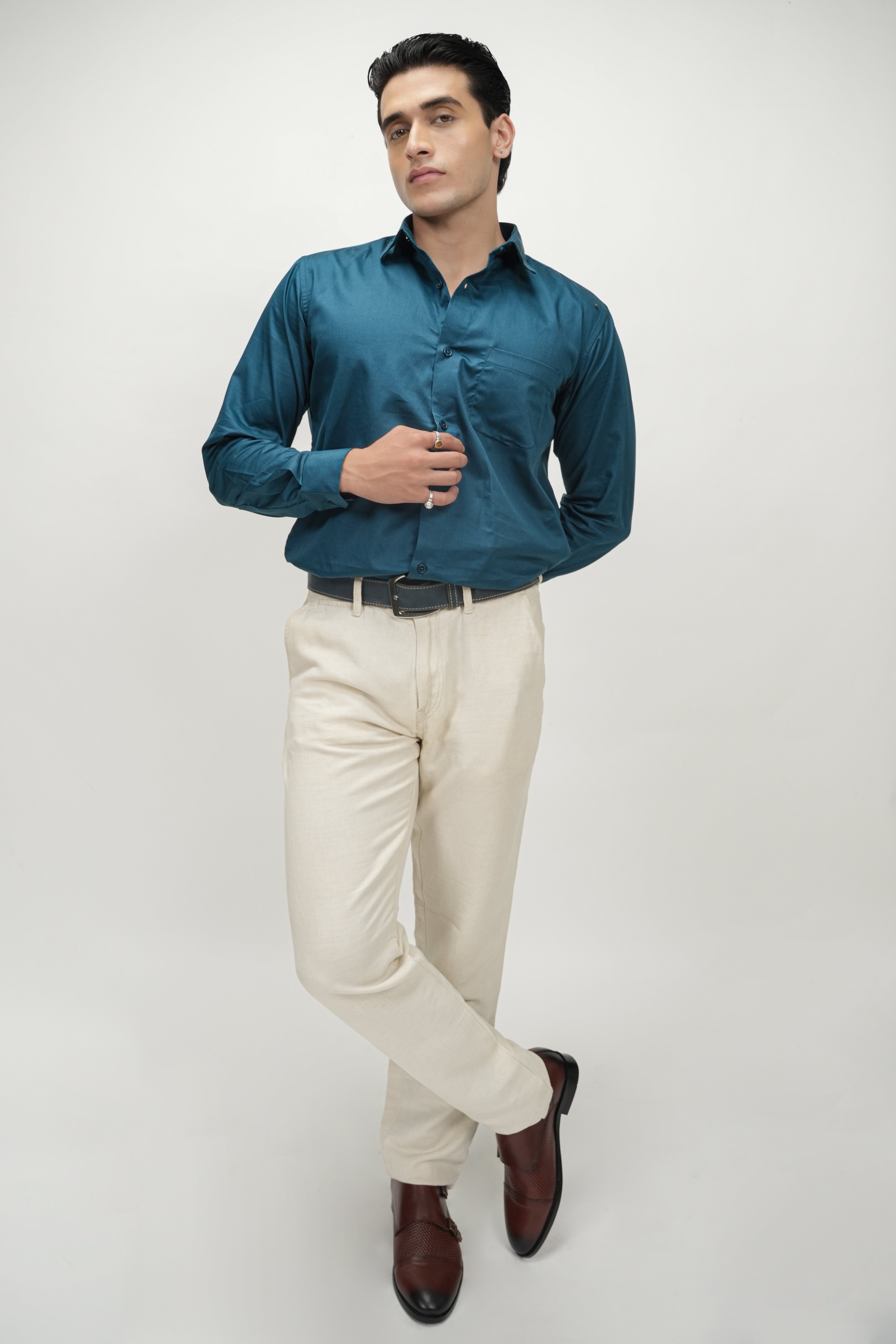 Turquoise Blue Solid Plain Formal Shirts for Men - 100% Cotton
