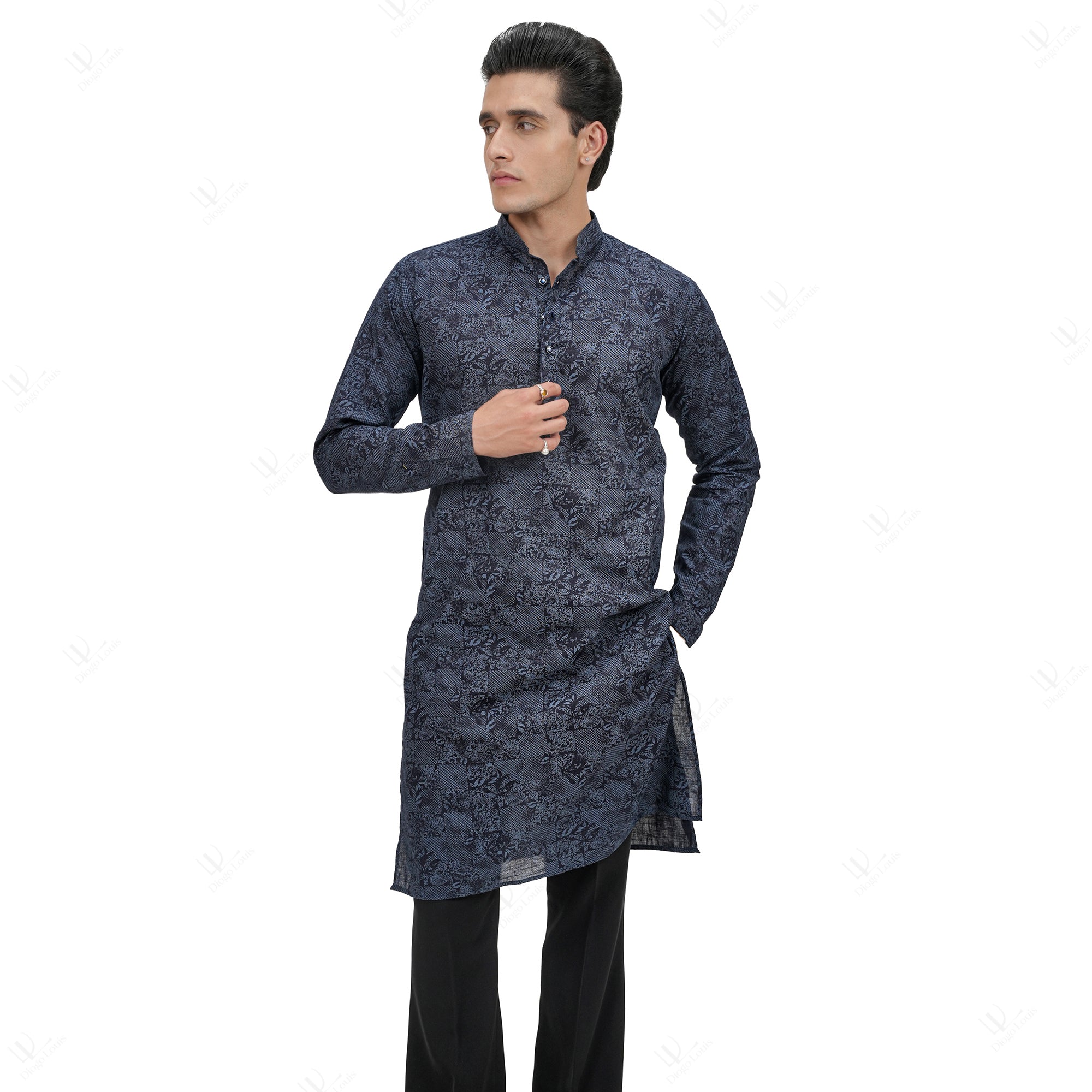 Premium Men's Navy Blue Cotton Linen Floral Printed Long Kurta