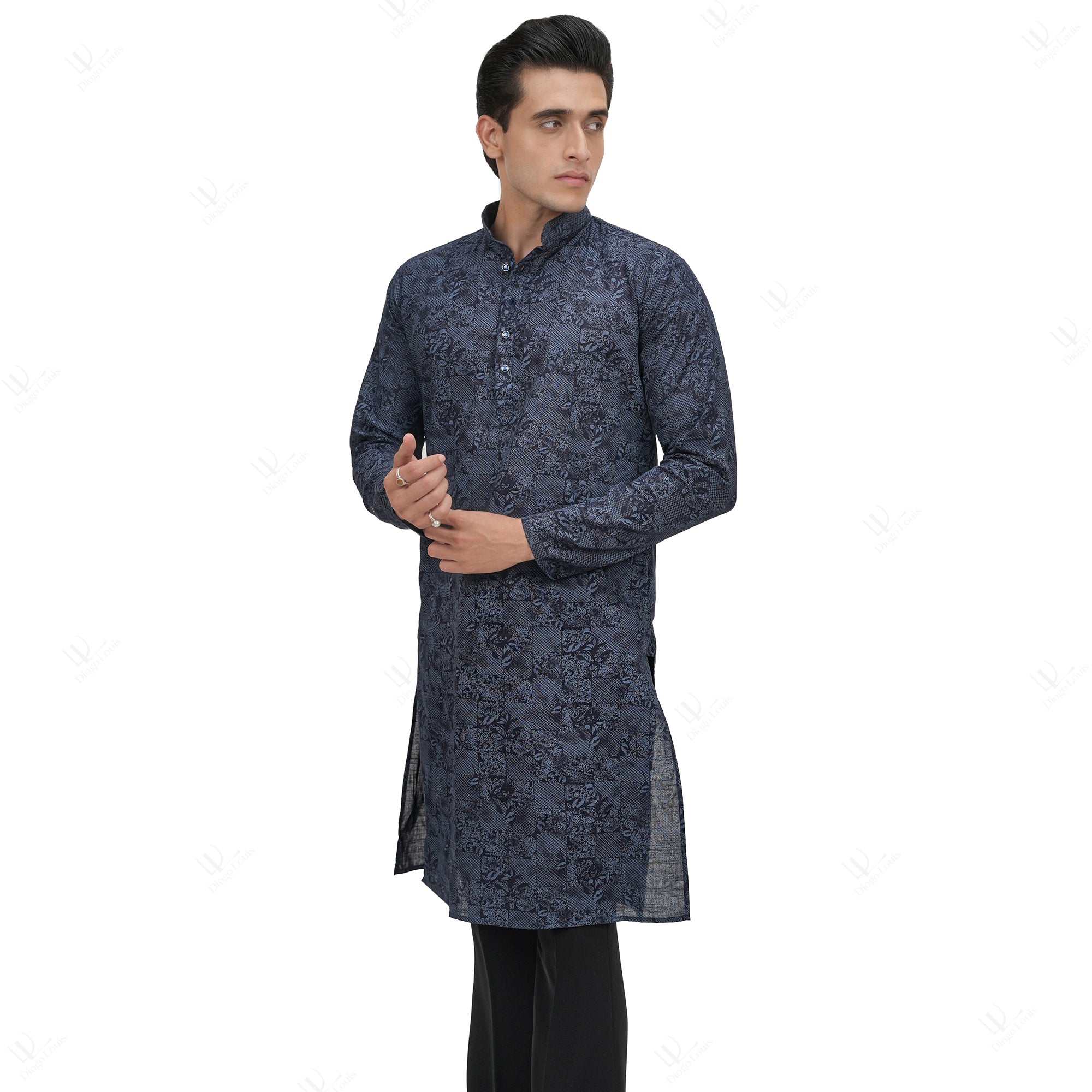 Premium Men's Navy Blue Cotton Linen Floral Printed Long Kurta