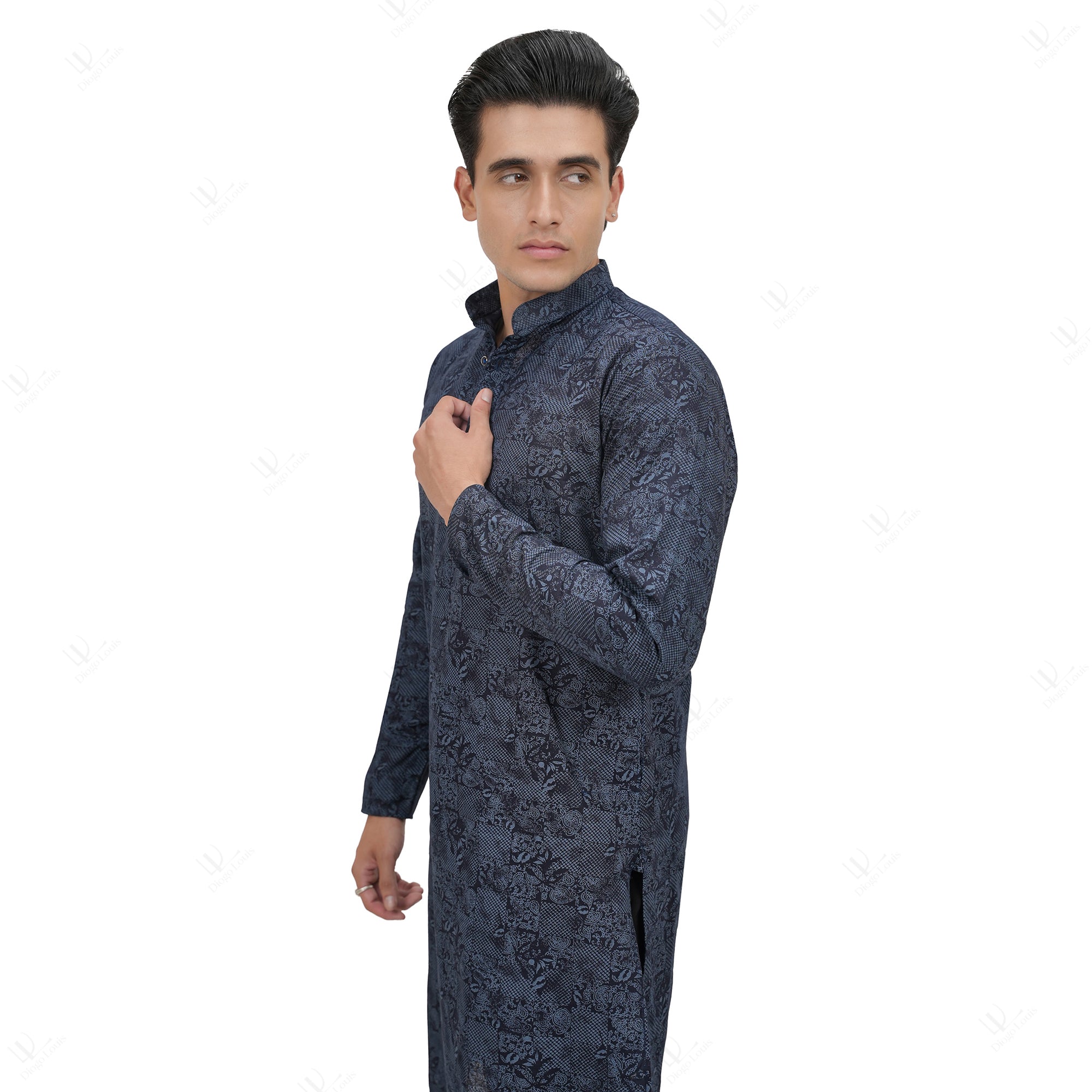 Premium Men's Navy Blue Cotton Linen Floral Printed Long Kurta