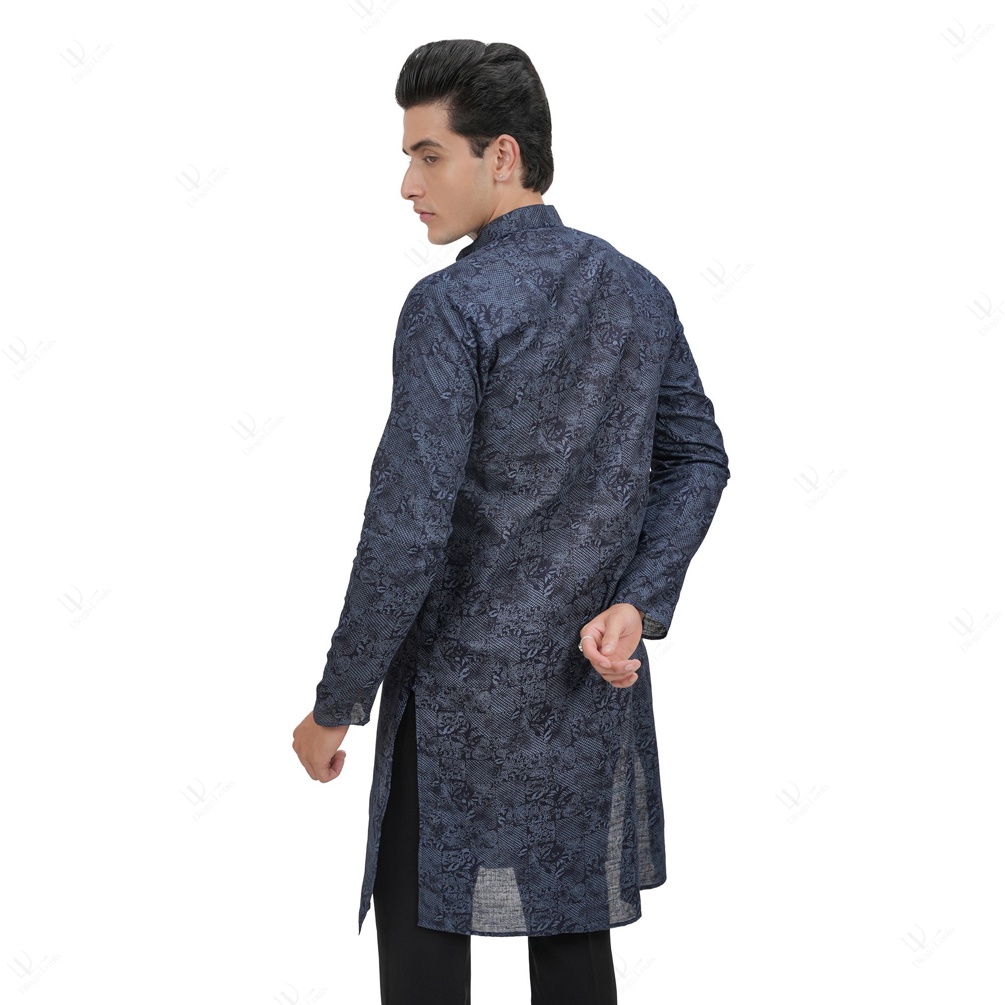 Premium Men's Navy Blue Cotton Linen Floral Printed Long Kurta