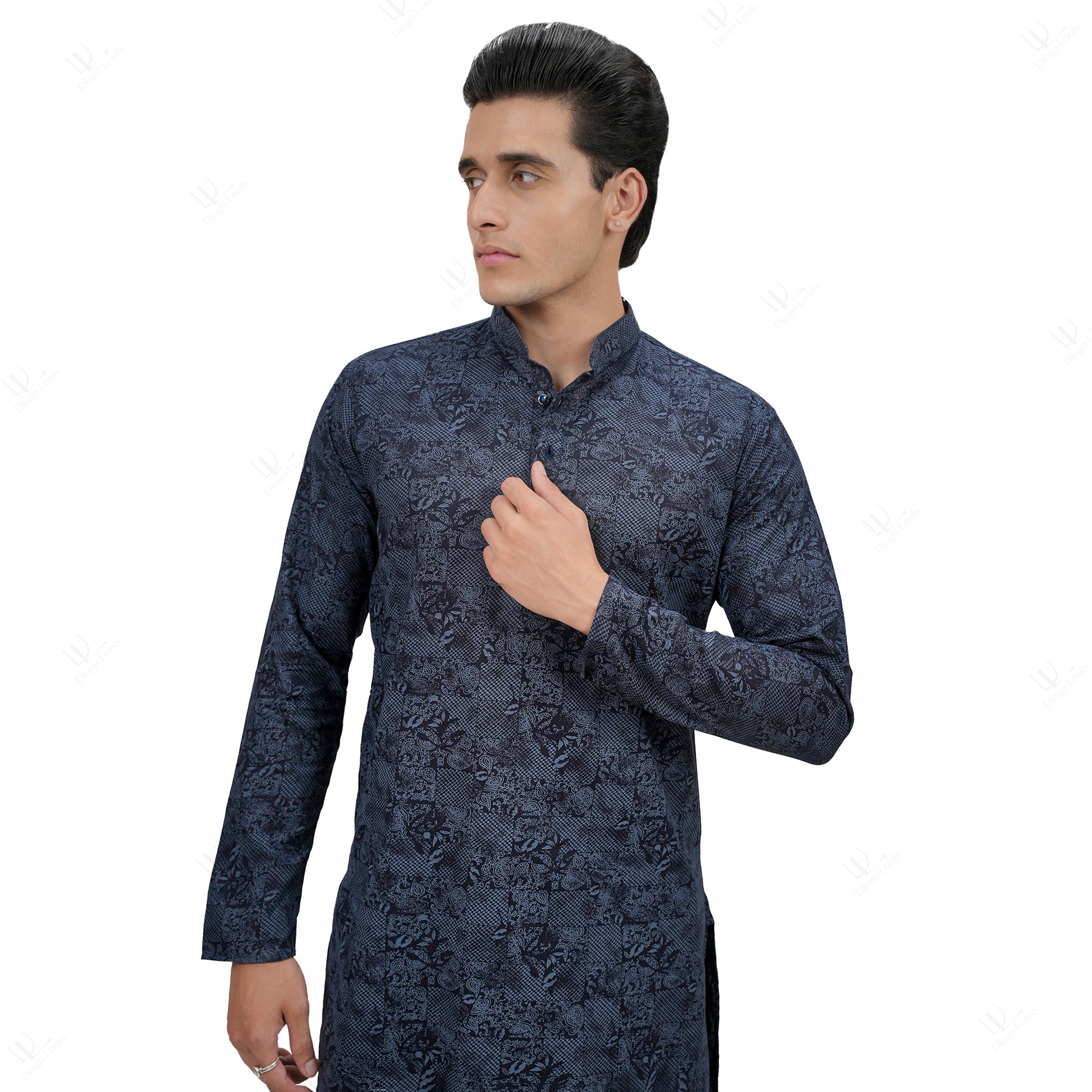 Premium Men's Navy Blue Cotton Linen Floral Printed Long Kurta