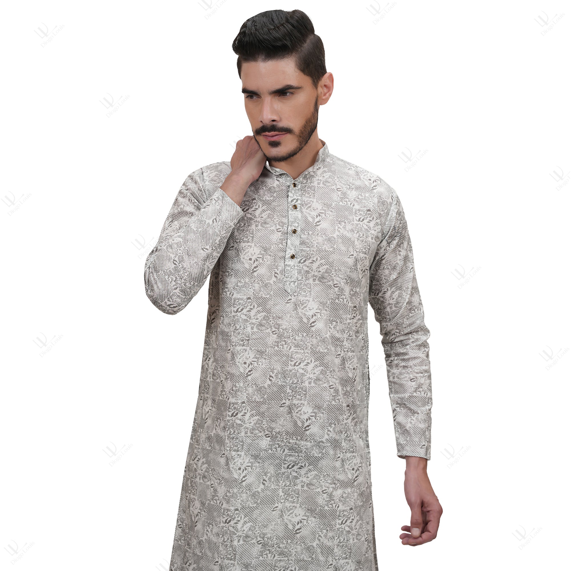 Grey Cotton Linen Floral Printed Long Kurta for Men
