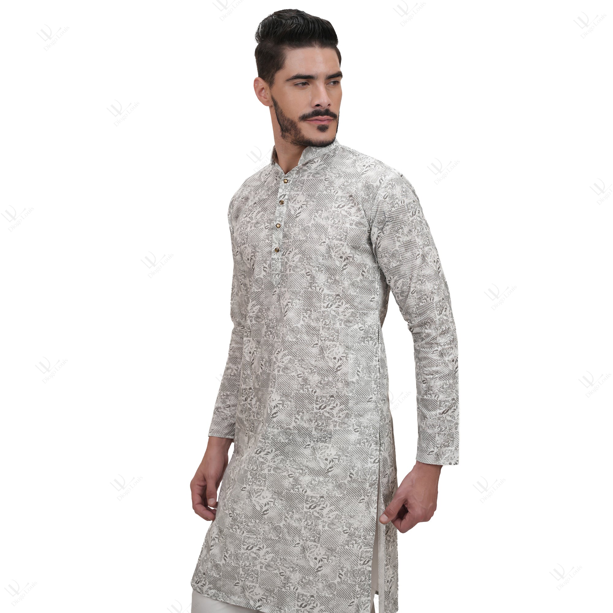 Grey Cotton Linen Floral Printed Long Kurta for Men