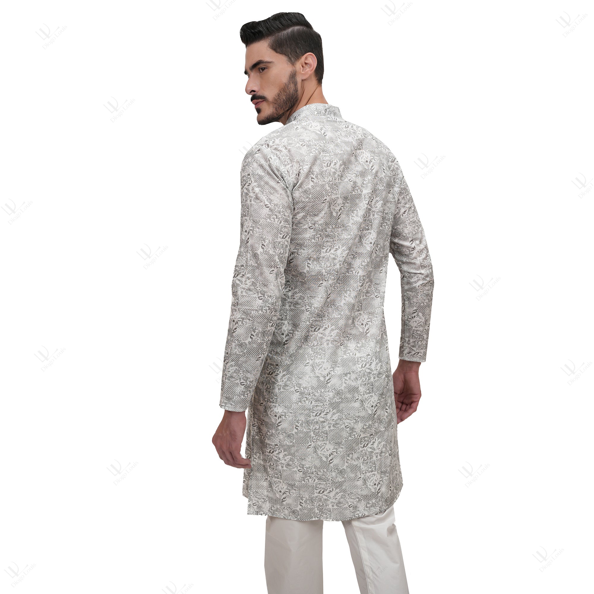 Grey Cotton Linen Floral Printed Long Kurta for Men
