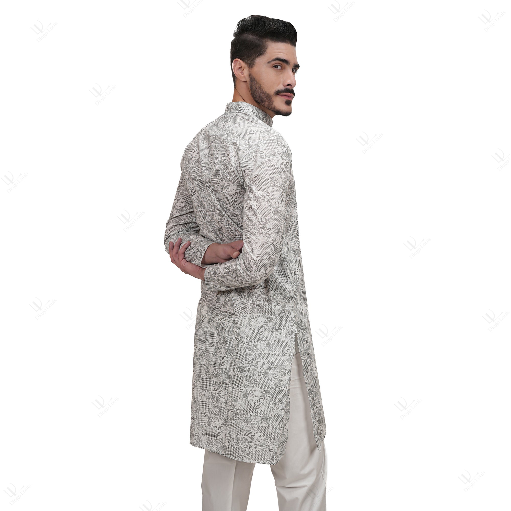 Grey Cotton Linen Floral Printed Long Kurta for Men