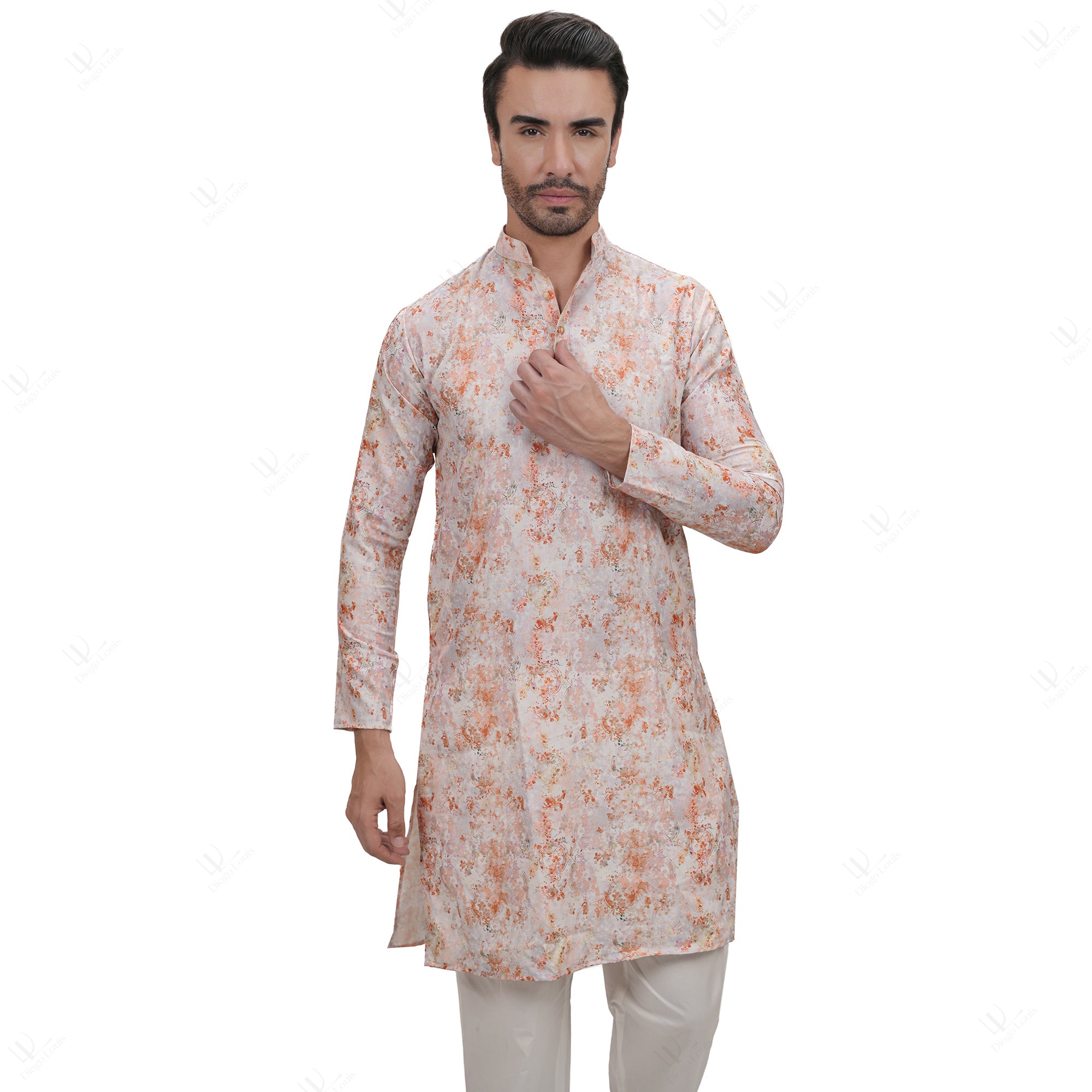 Light Pink Cotton Linen Floral Printed Long Kurta for Men