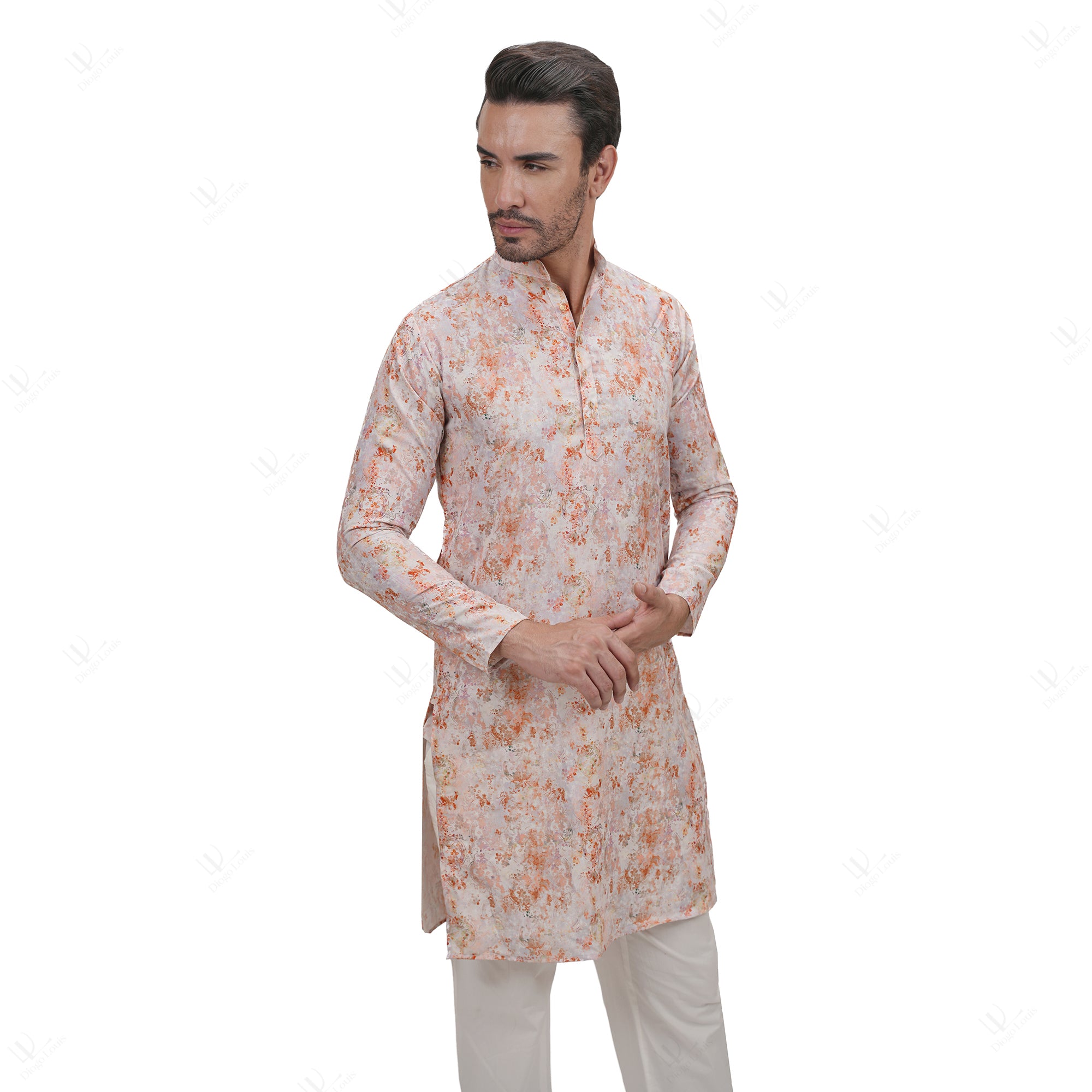 Light Pink Cotton Linen Floral Printed Long Kurta for Men