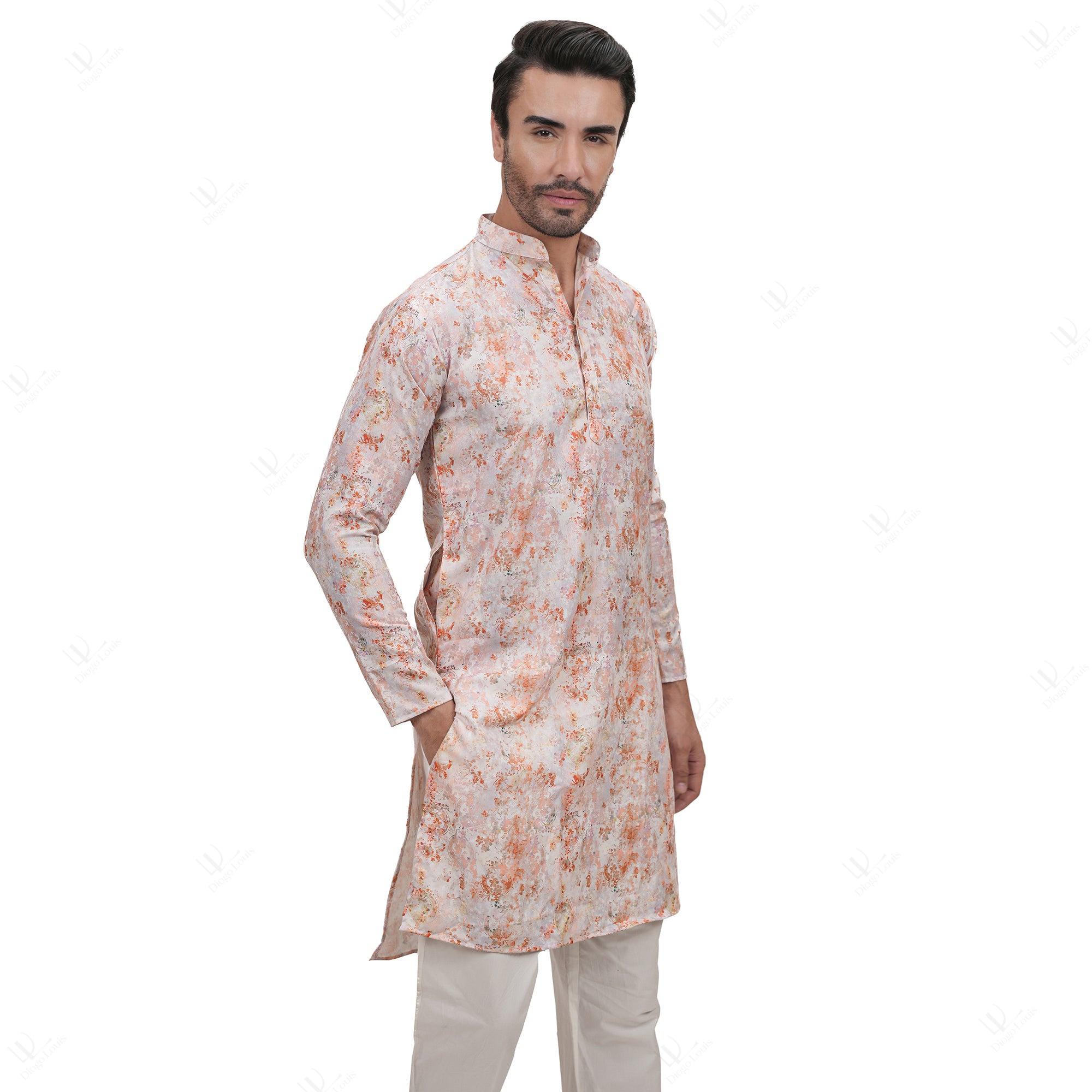 Light Pink Cotton Linen Floral Printed Long Kurta for Men