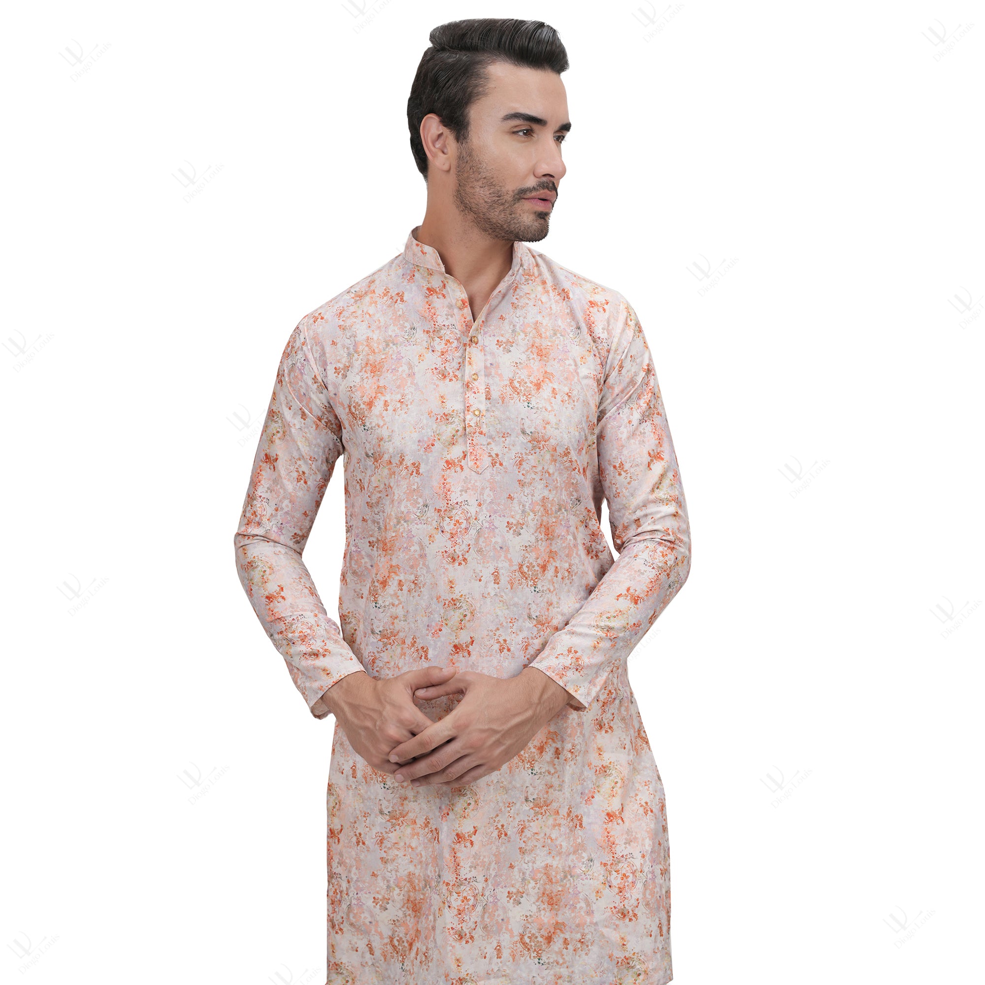 Light Pink Cotton Linen Floral Printed Long Kurta for Men