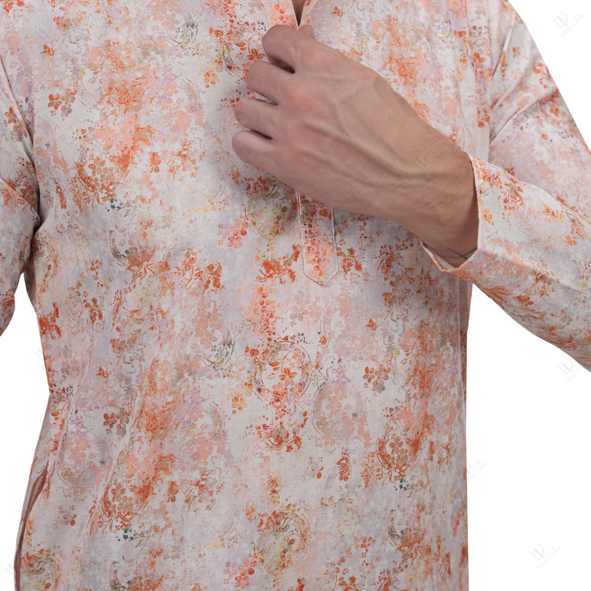 Light Pink Cotton Linen Floral Printed Long Kurta for Men