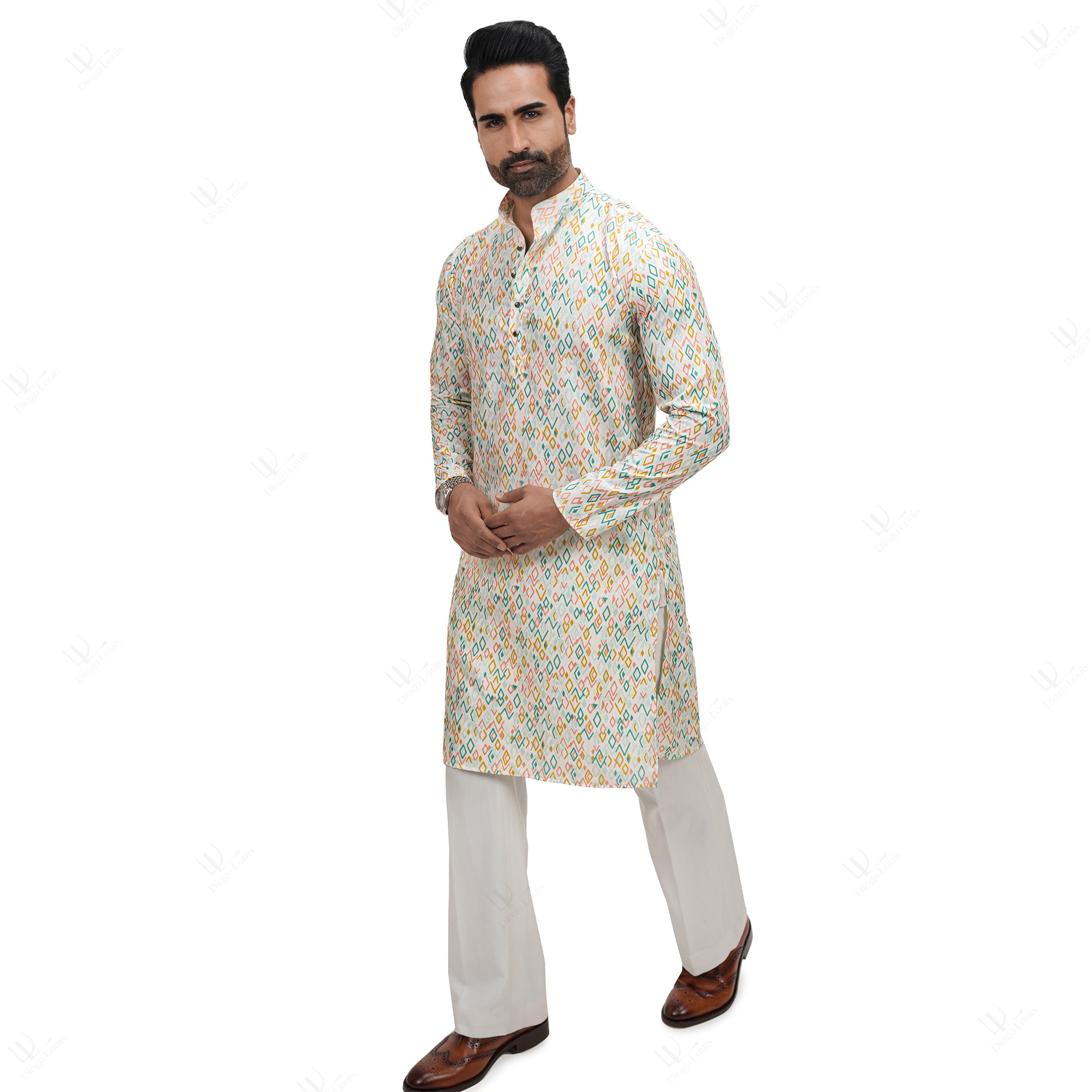 Multicolor Cotton Linen Floral Printed Men's Long Kurta