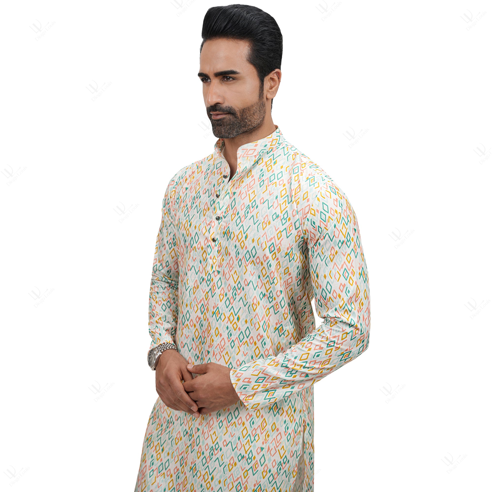 Multicolor Cotton Linen Floral Printed Men's Long Kurta
