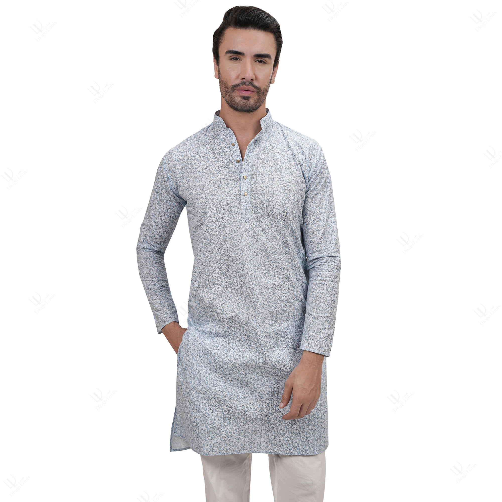Blue Cotton Linen Floral Printed Men's Long Kurta