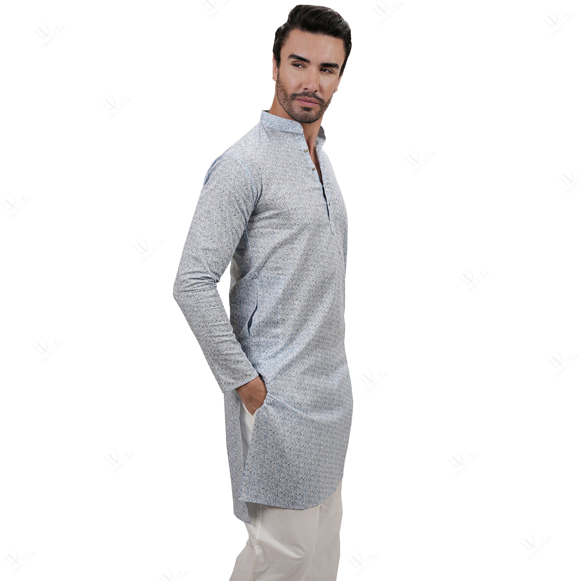 Blue Cotton Linen Floral Printed Men's Long Kurta