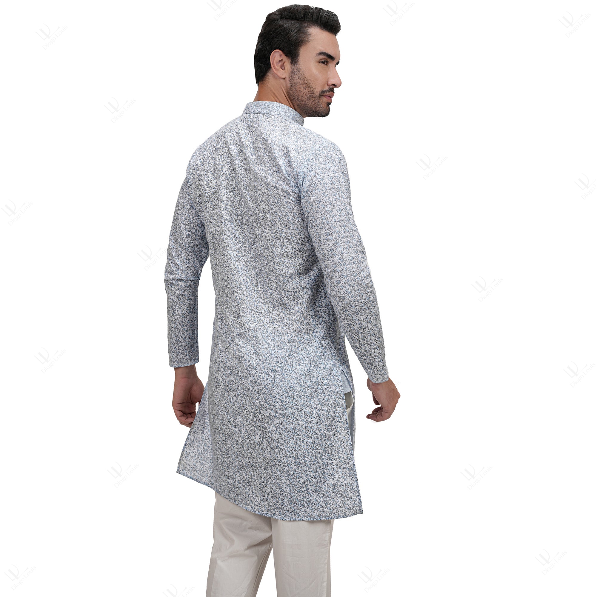 Blue Cotton Linen Floral Printed Men's Long Kurta