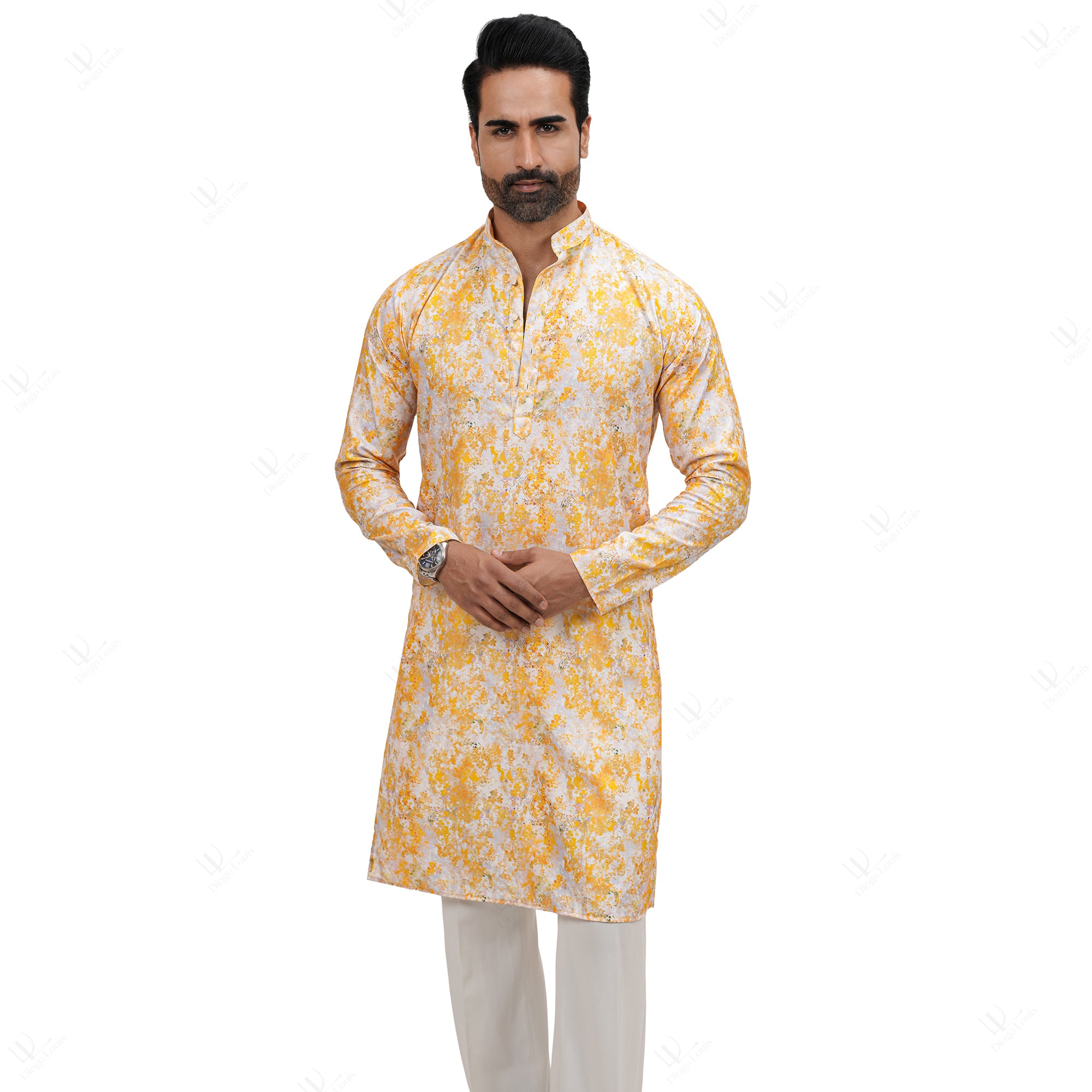 Yellow Pattern Printed Cotton Linen Long Kurta for Men