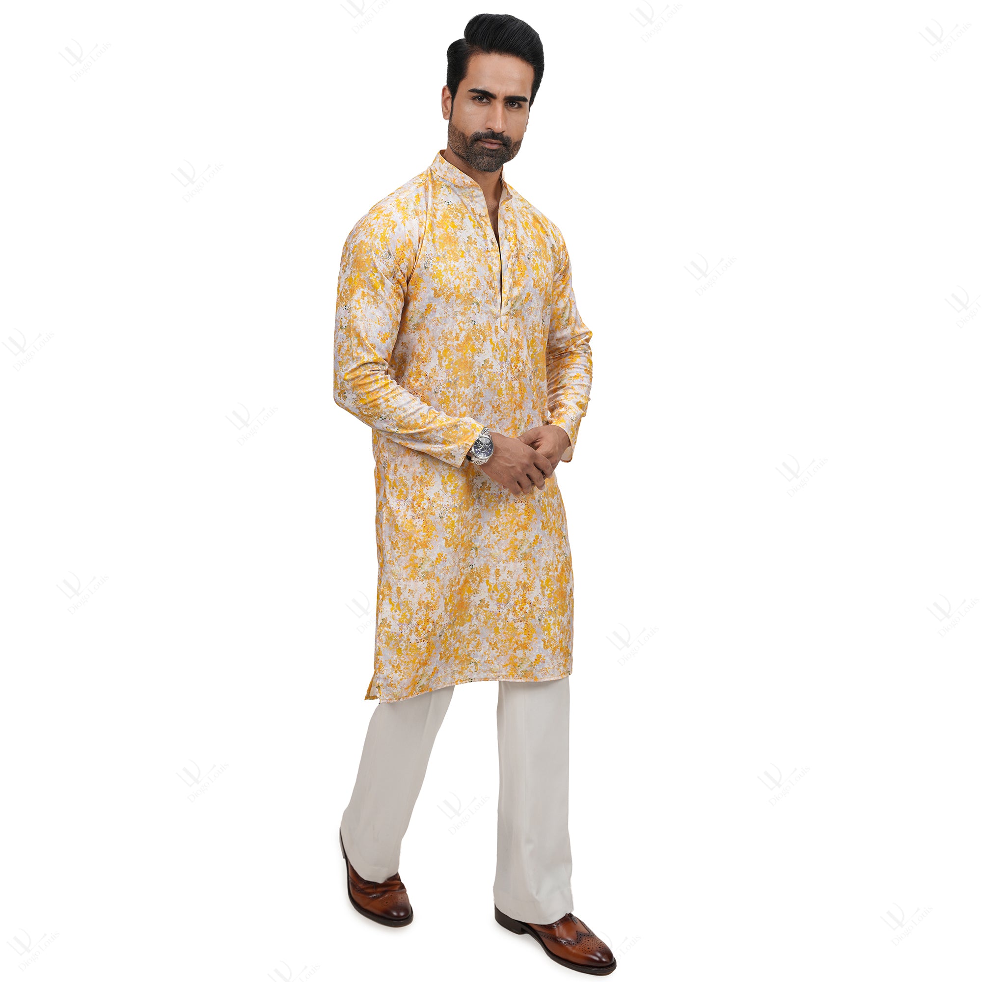 Yellow Pattern Printed Cotton Linen Long Kurta for Men