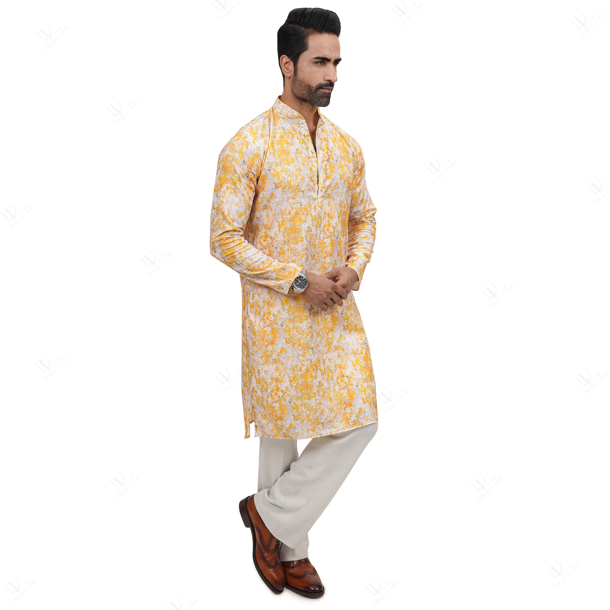 Yellow Pattern Printed Cotton Linen Long Kurta for Men