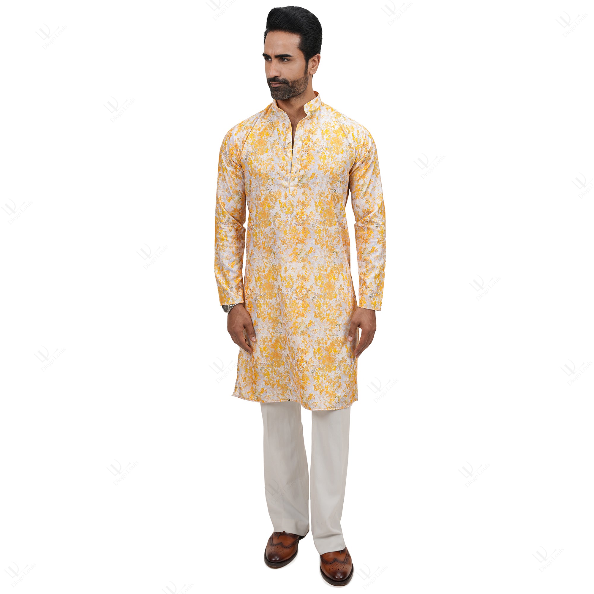 Yellow Pattern Printed Cotton Linen Long Kurta for Men