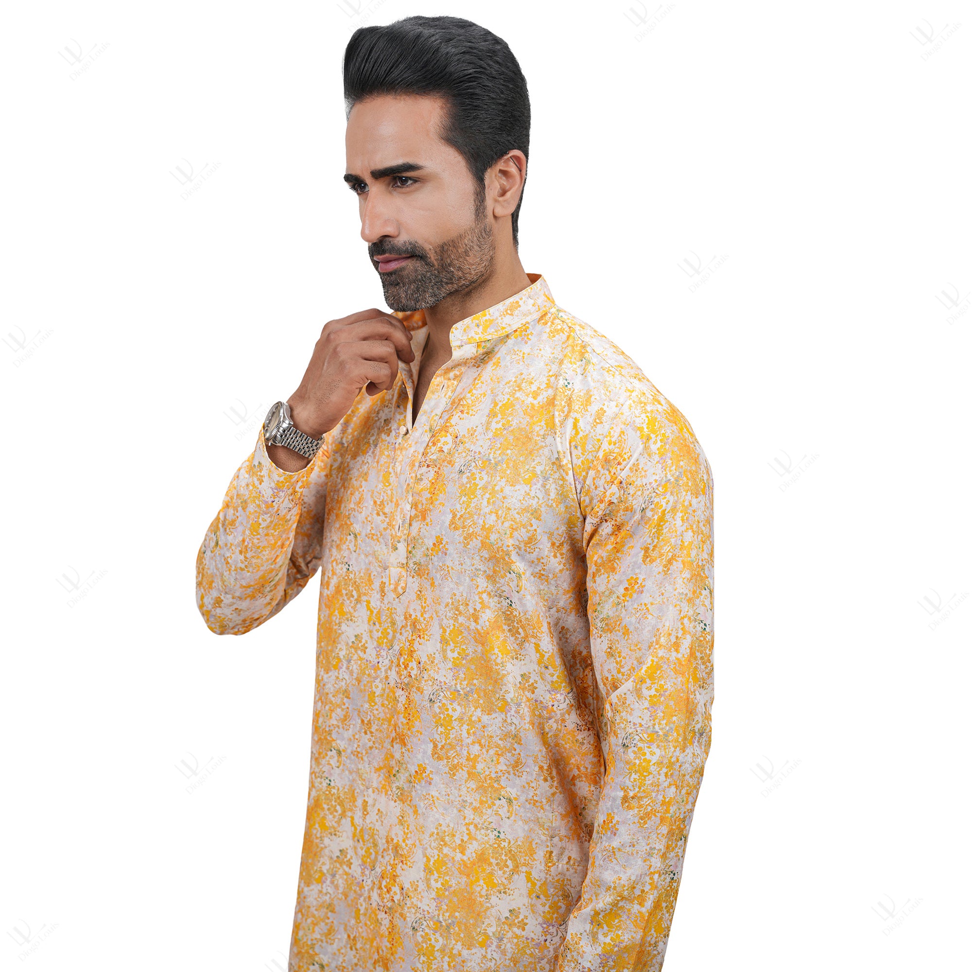 Yellow Pattern Printed Cotton Linen Long Kurta for Men